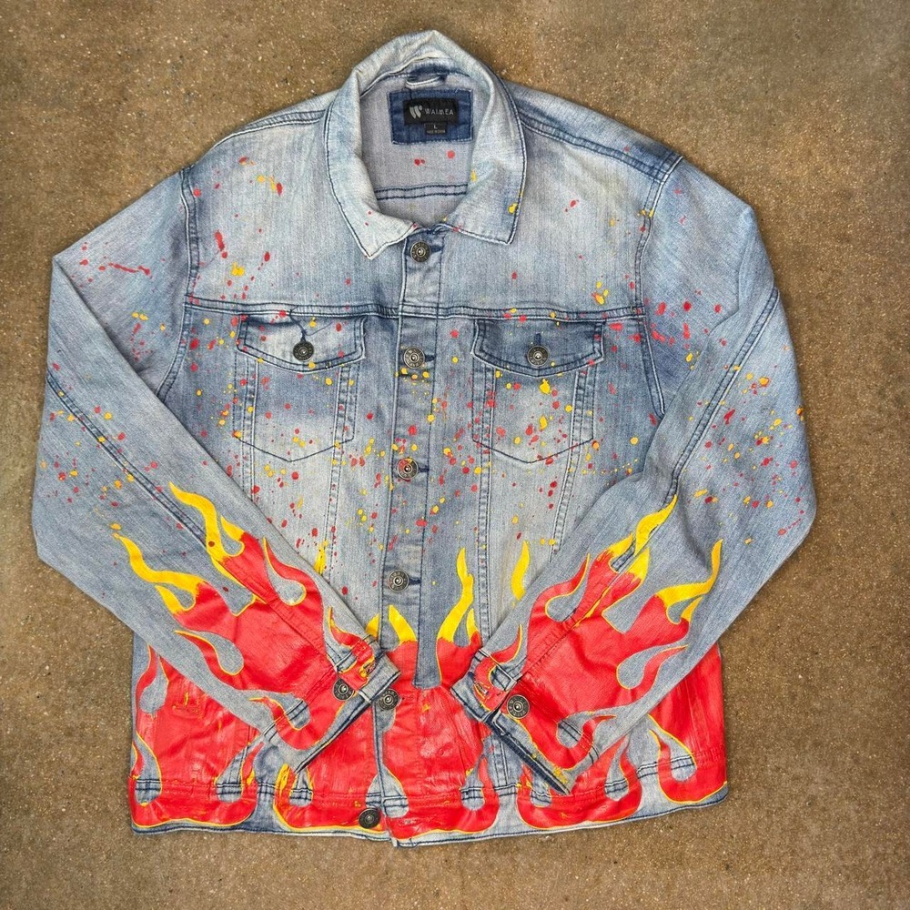Waimea Mens Light Wash Denim Jacket Flame Graphic Paint Splatter Size L